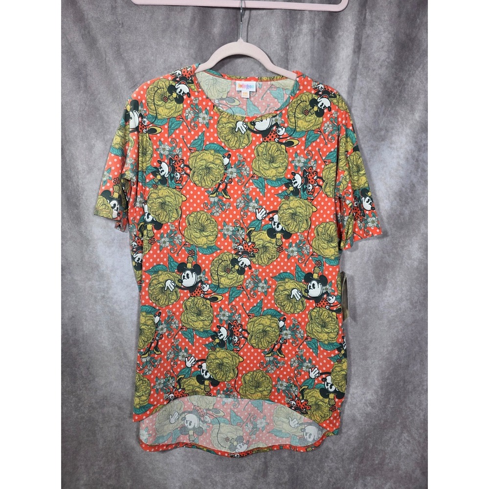LuLaRoe Disney Irma Tunic Top XXS‎ Orange Polka Dot Mickey Mouse Floral High Low